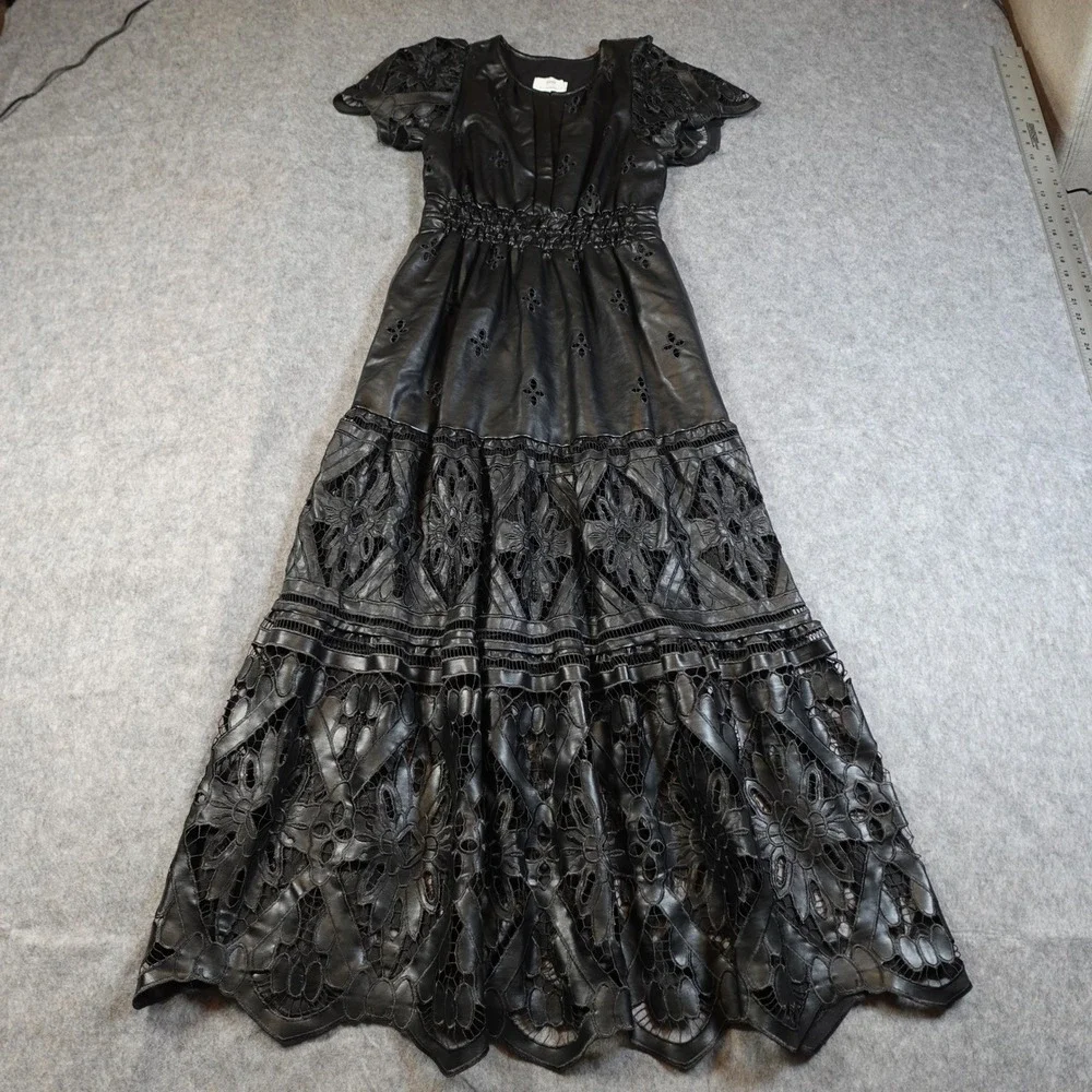 Anthropologie Dress Womens Small Somerset‎ Maxi Faux Leather Embroidered Black_3